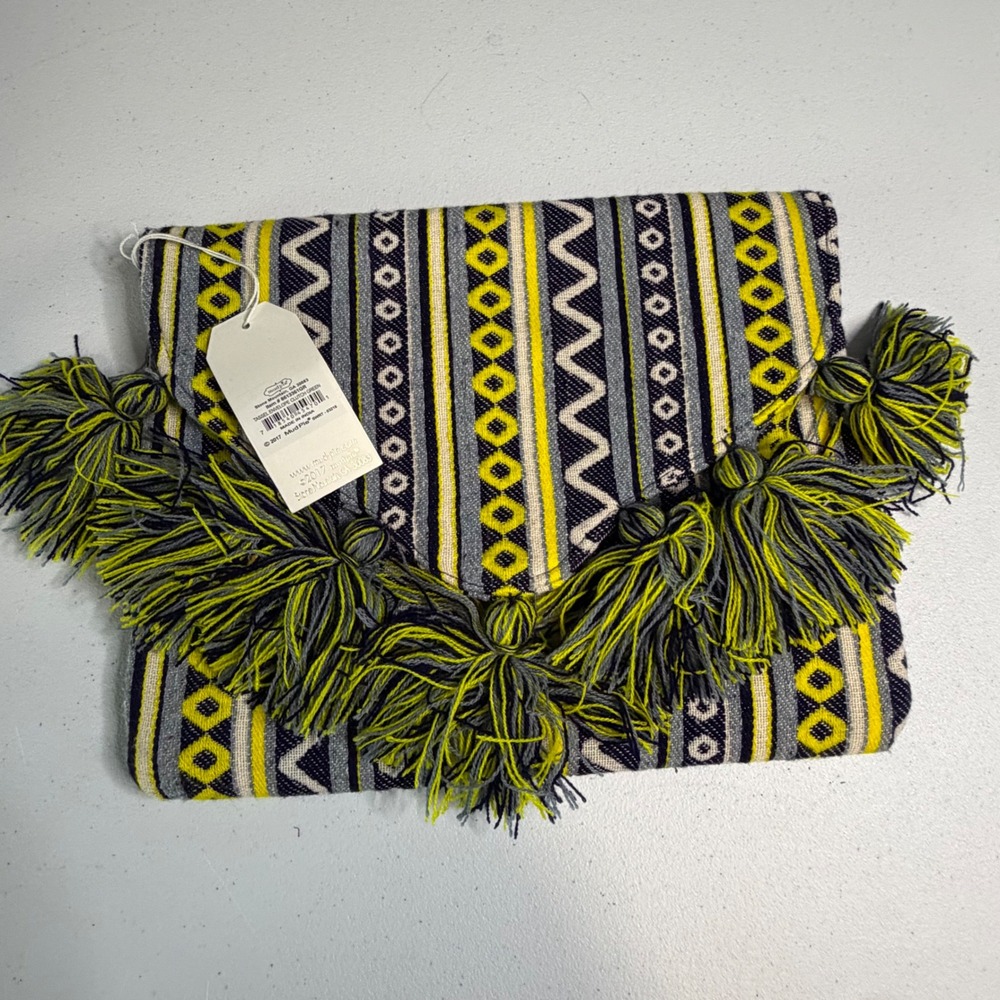 Mud Pie Envelope Clutch Woven Geometric Tassel Trim Bohemian Summer Bag